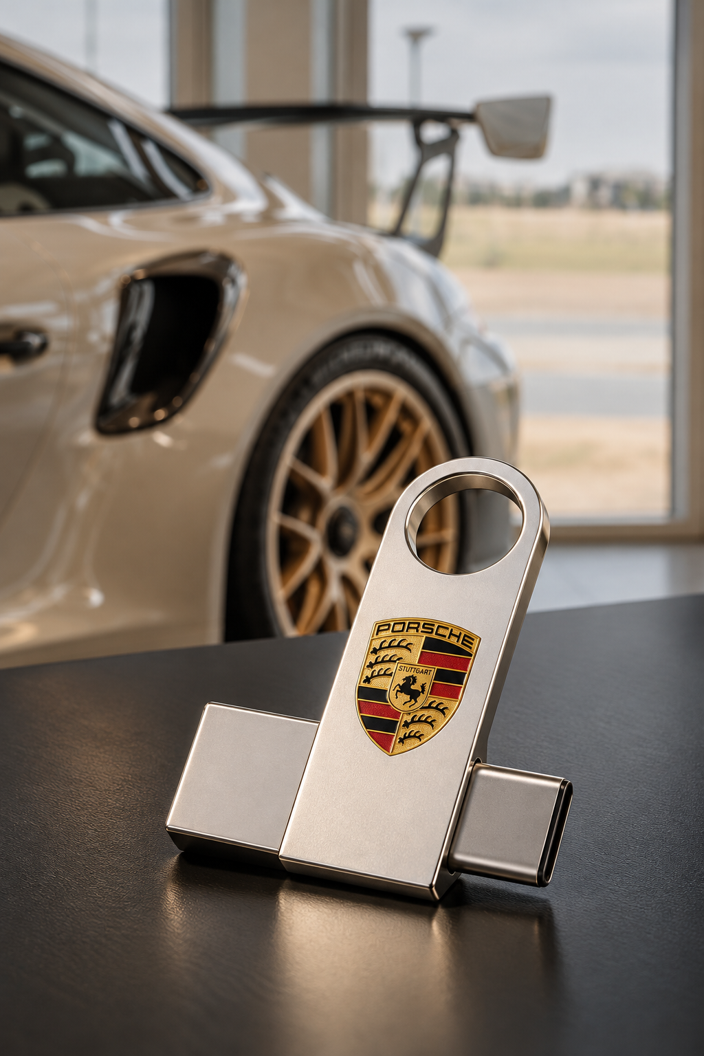 A branded silver Dual Key on a dark surface in front of a sports car in a showroom