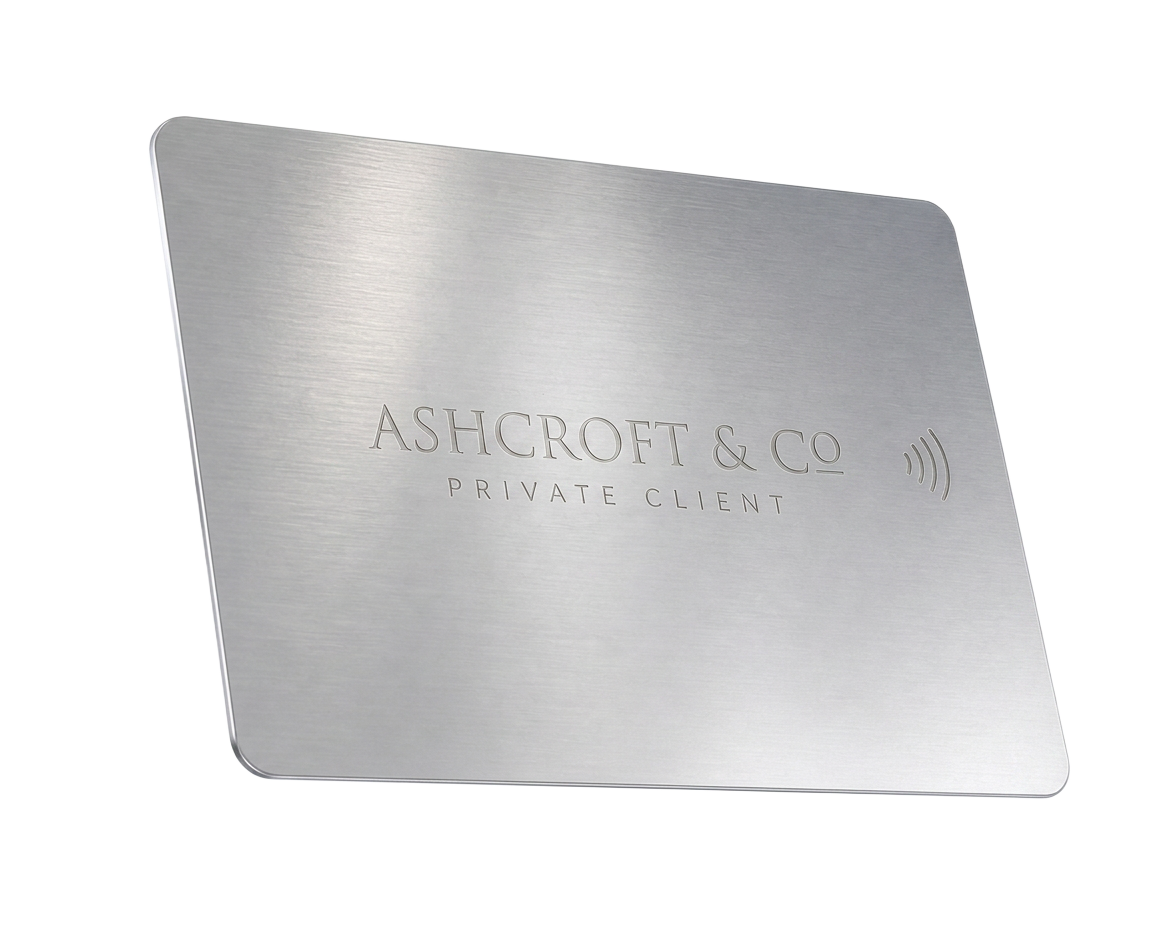 Brushed metal NFC private client card engraved with a host firm wordmark