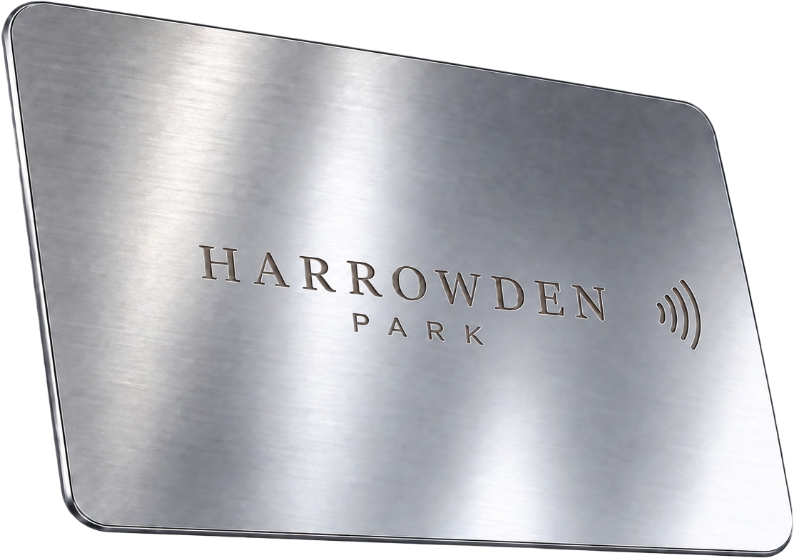 Brushed metal Harrowden Park member card, shown as a sample